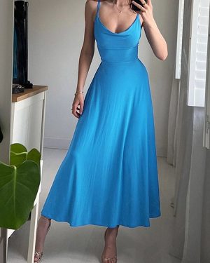 Casual Women's Daily Casual Spaghetti Strap Cowl Front Lace Up High Waist A Line Solid Color Maxi Dress S Blue