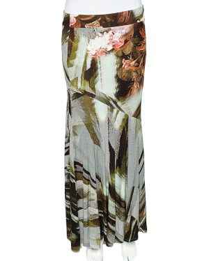 Cavalli Class Multicolor Printed Jersey Paneled Midi Skirt M