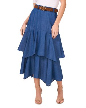 CeCe Three Tier Belted Denim Midi Skirt