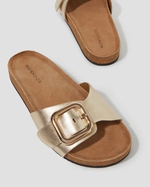 Cecil Metallic Leather Slide Sandals Gold