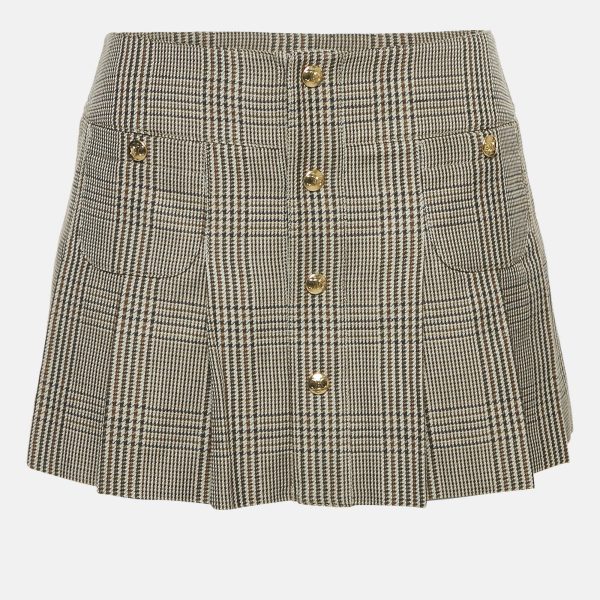 Celine Brown Checks Linen Pleated Bandeau Mini Skirt S