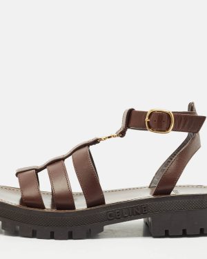 Celine Brown Leather Clea Triomphe Gladiator Flat Sandals Size 36