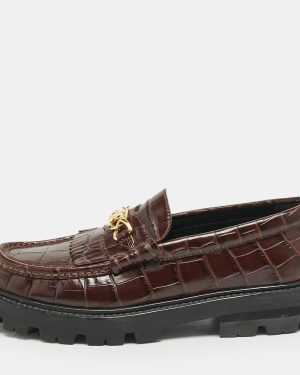 Celine Dark Brown Croc Embossed Leather Margaret Fringe Slip On Loafers Size 37