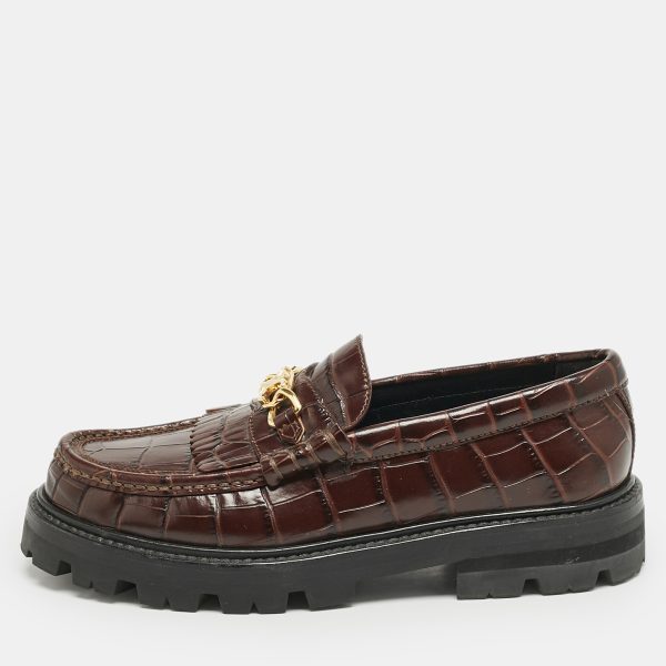 Celine Dark Brown Croc Embossed Leather Margaret Fringe Slip On Loafers Size 37