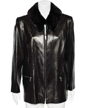 Celine Vintage Brown Leather Shearling Collar Zip Front Jacket L