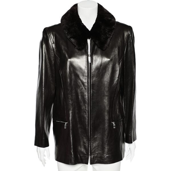 Celine Vintage Brown Leather Shearling Collar Zip Front Jacket L