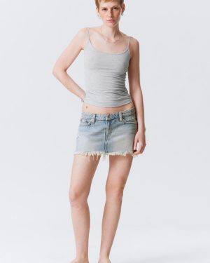 Centure Low Rise Frayed Denim Mini Skirt