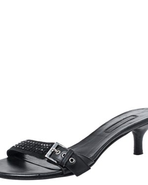 Cesare Paciotti Black Leather Crystal Embellished Buckle Detail Kitten Heel Mules Size 37