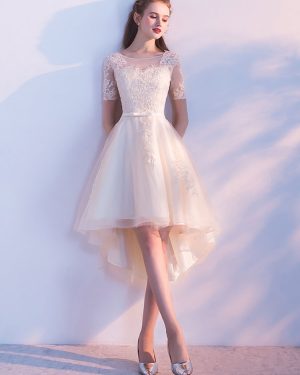 Champagne Homecoming Dresses Tulle Prom Dresses Short Sleeve Lace Applique Sash Round Neck A Line High Low Party Dresses