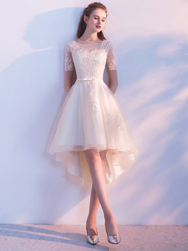 Champagne Homecoming Dresses Tulle Prom Dresses Short Sleeve Lace Applique Sash Round Neck A Line High Low Party Dresses