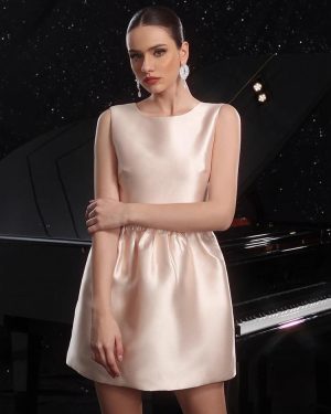 Champagne Sleeveless Satin Mini Party Dress With Bow Back 2025