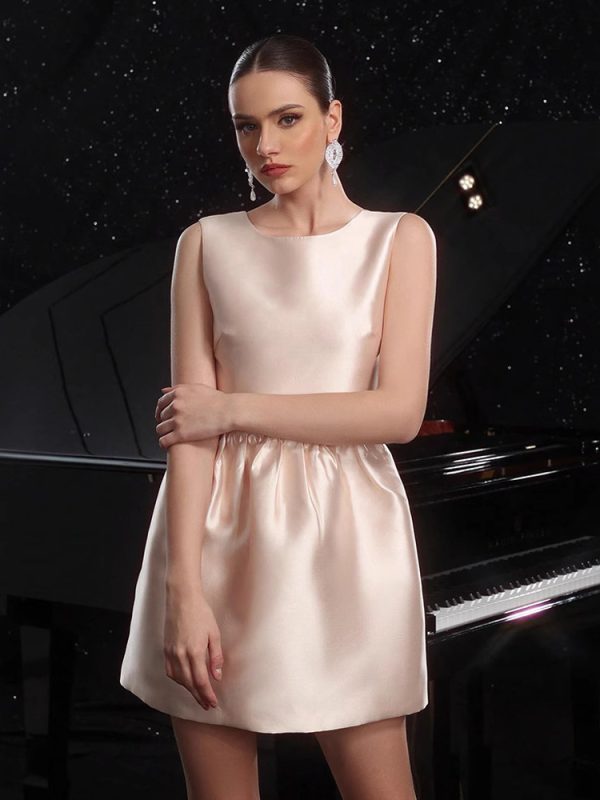 Champagne Sleeveless Satin Mini Party Dress With Bow Back 2025