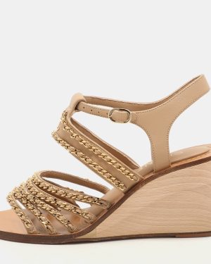 Chanel Beige Leather Chain Embellished Wedge Sandals Size 37