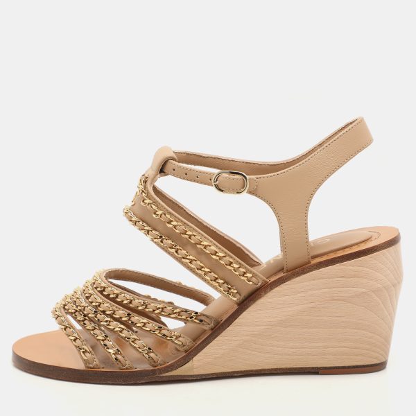 Chanel Beige Leather Chain Embellished Wedge Sandals Size 37