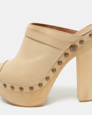 Chanel Beige Leather Studded Platform Clogs Size 39.5
