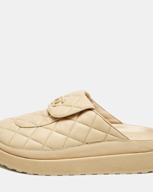 Chanel Beige Quilted Leather CC Turnlock Platform Mules Size 39