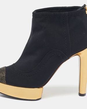 Chanel Black Glitter and Nylon Cap Toe Ankle Length Boots Size 38
