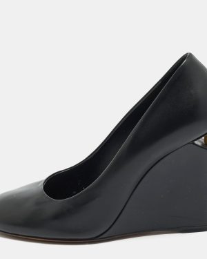 Chanel Black Leather Pearl Embellished Wedge Round Toe Pumps Size 38