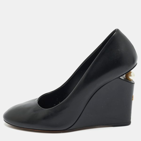 Chanel Black Leather Pearl Embellished Wedge Round Toe Pumps Size 38