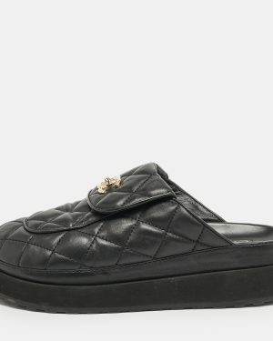 Chanel Black Quilted Leather CC Turnlock Platform Mules Size 39
