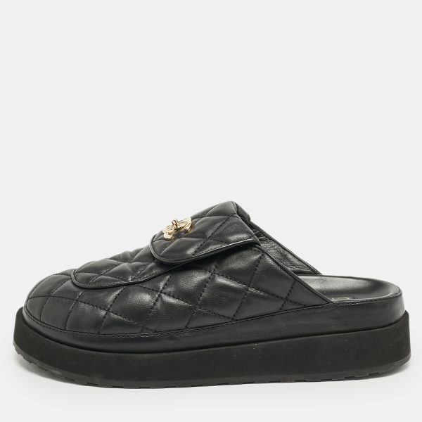 Chanel Black Quilted Leather CC Turnlock Platform Mules Size 39