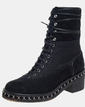 Chanel Black Tweed And Suede Combat Boots Size 39