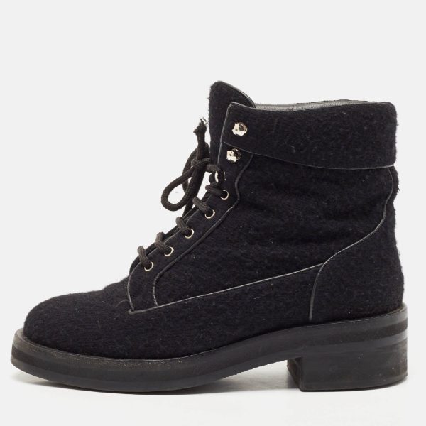 Chanel Black Wool CC Combat Boots Size 37