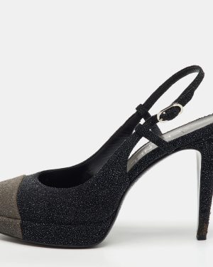 Chanel Black/Grey Glitter CC Cap Toe Slingback Platform Pumps Size 39.5