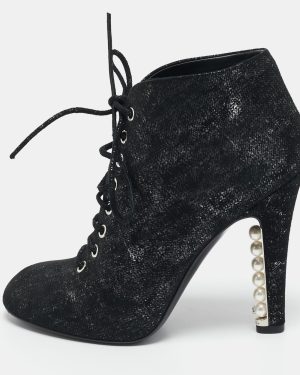 Chanel Black/Silver Suede Pearl Heel Lace Up Ankle Boots Size 36.5