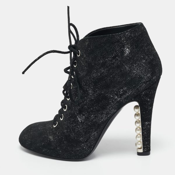 Chanel Black/Silver Suede Pearl Heel Lace Up Ankle Boots Size 36.5