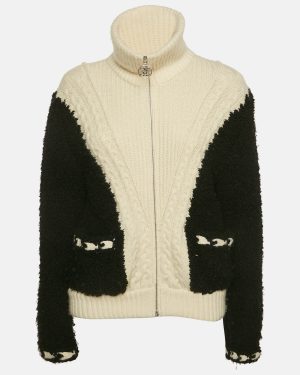 Chanel Black/White Cable Knit and Shearling Zip-Up Jacket S