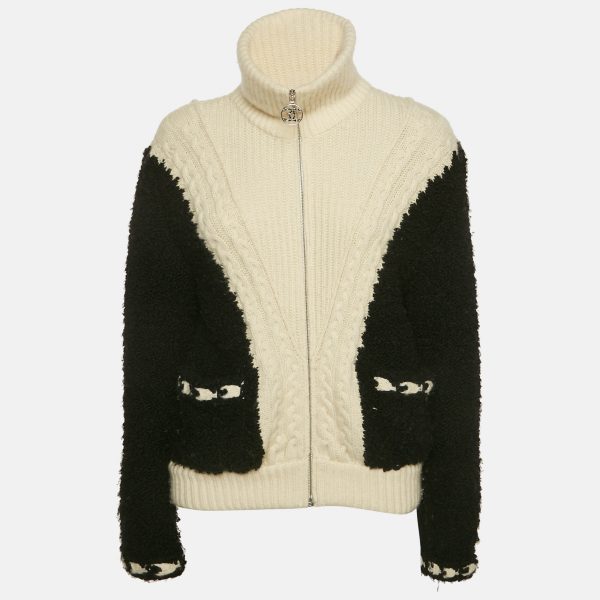 Chanel Black/White Cable Knit and Shearling Zip-Up Jacket S