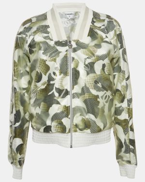 Chanel Dark Green Printed Synthetic Vinyl Bomber Jacket M