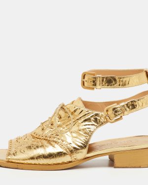 Chanel Gold Leather Brogue Lace Up Oxford Open Toe Ankle Strap Sandals Size 39