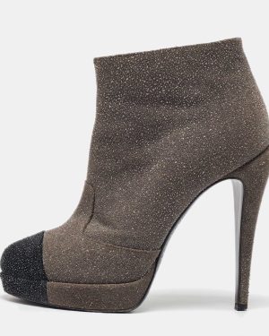 Chanel Grey/Black Glitter Suede Platform Ankle Length Boots Size 39