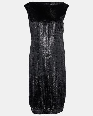 Chanel Metallic Black Bristled Velvet Sleeveless Elasticated Hem Dress L