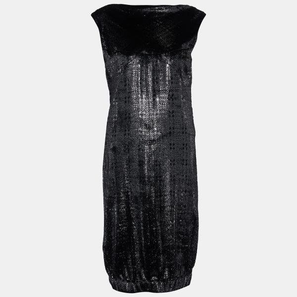 Chanel Metallic Black Bristled Velvet Sleeveless Elasticated Hem Dress L