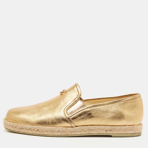 Chanel Metallic Gold Leather CC Slip On Espadrilles Flats Size 38