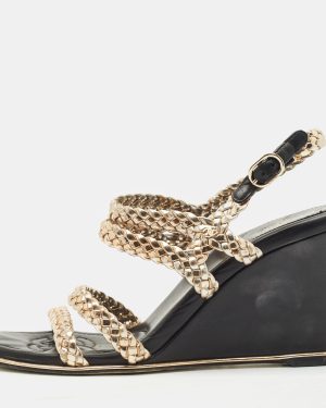 Chanel Metallic Woven Leather Ankle Strap Wedge Sandals Size 37.5