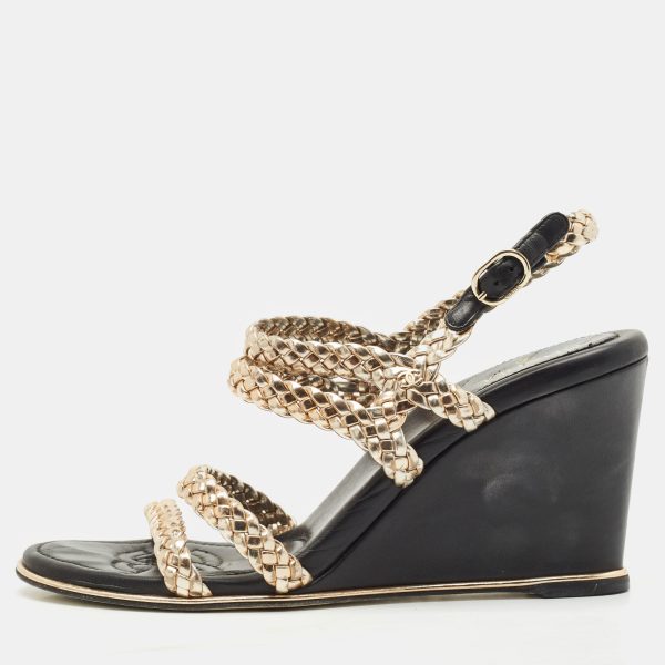 Chanel Metallic Woven Leather Ankle Strap Wedge Sandals Size 37.5