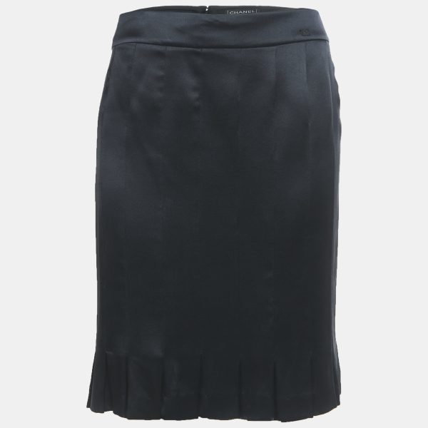 Chanel Navy Blue Satin Silk Pleated Short Skirt M