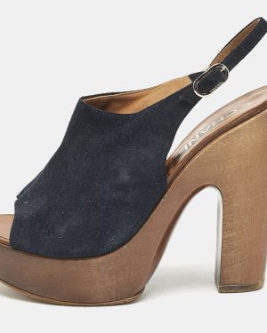 Chanel Navy Blue Suede Slingback Clogs Size 38