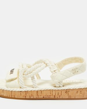 Chanel Off White Quilted Leather and Cord Flat Sandals Size 37