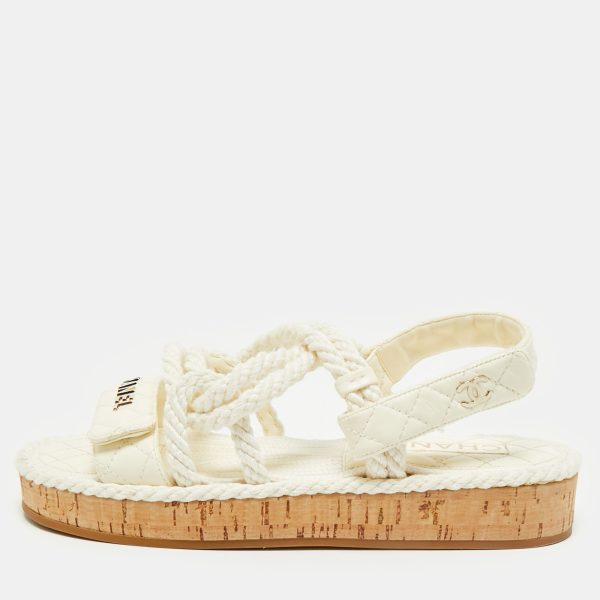 Chanel Off White Quilted Leather and Cord Flat Sandals Size 37
