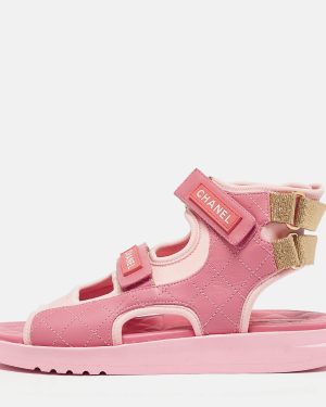 Chanel Pink Leather and Neoprene Gladiator Flat Sandals Size 39.5