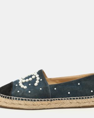 Chanel Teal and Black Suede Faux Pearl CC Espadrilles Flats Size 37
