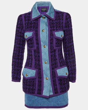 Chanel Vintage Purple Tweed and Denim Skirt and Jacket Set S