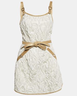 Chanel White Jacquard Golden Suede Trim Mini Wrap Dress M