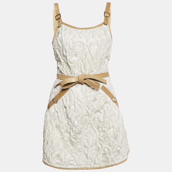 Chanel White Jacquard Golden Suede Trim Mini Wrap Dress M