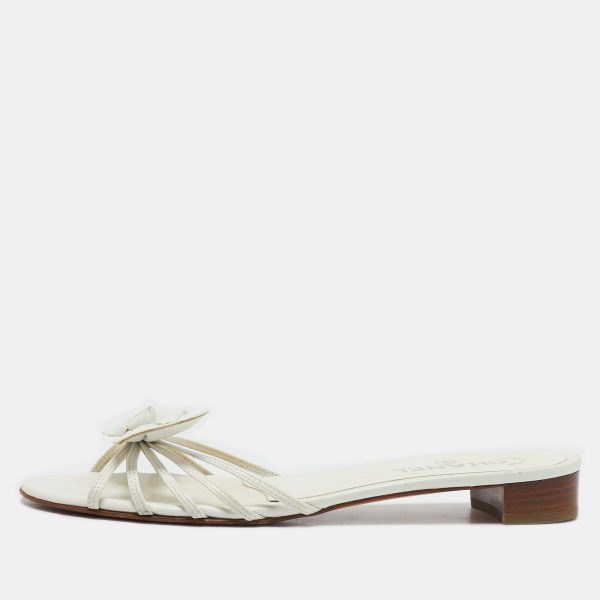 Chanel White Leather Bow Slide Sandals Size 39.5